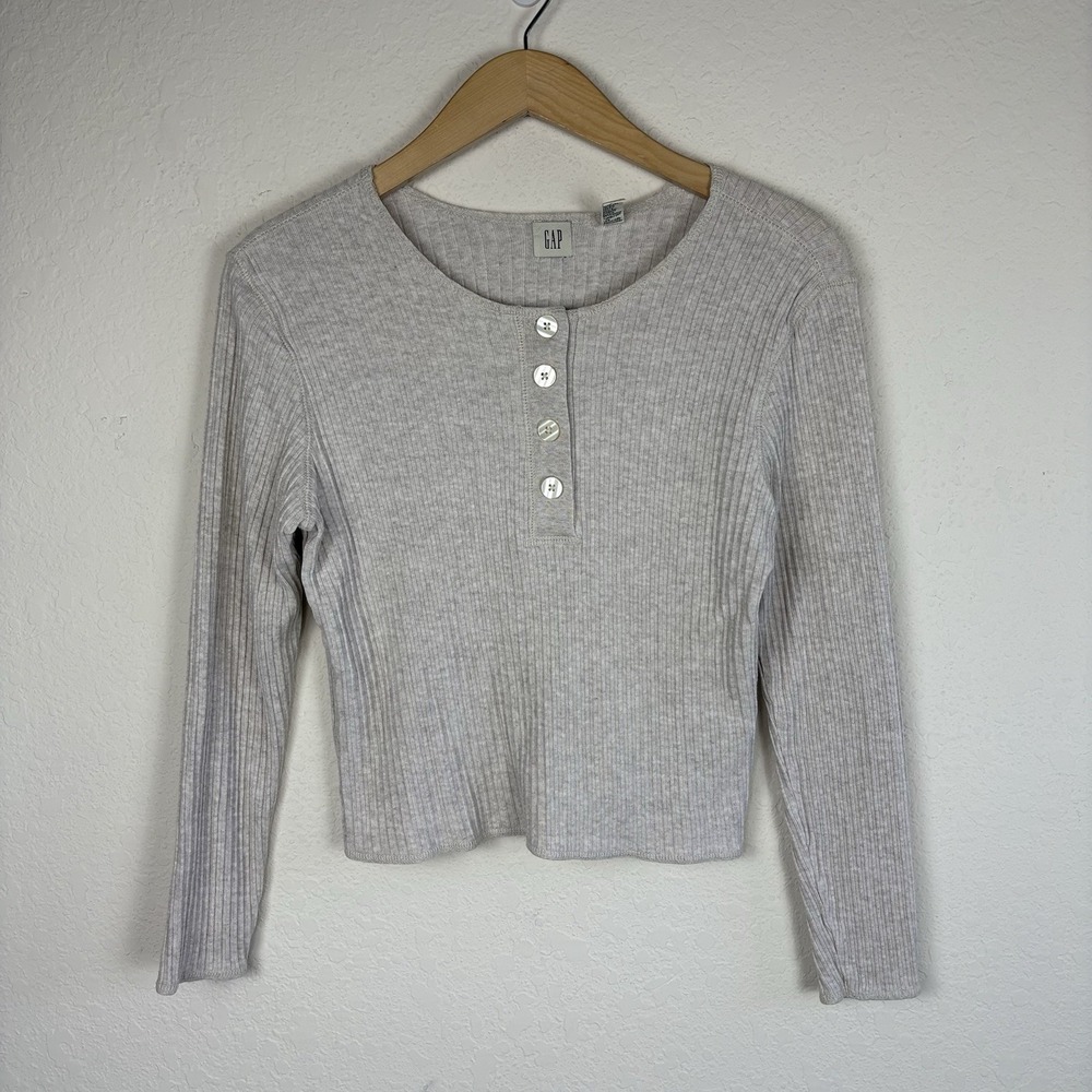90s Butter Mom Vtg GAP Size M Henley Top Oatmeal Ribbed Knit Long Sleeve Cotton